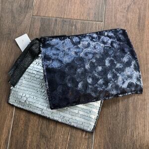 2 Piece Zippered Sequin Bags NEW LOFT Blue Silver Makeup Bag set